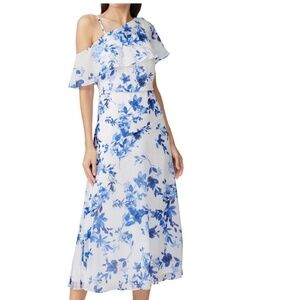 Lauren Ralph Lauren Women’s Blue and White Floral One Shoulder Midi Dress